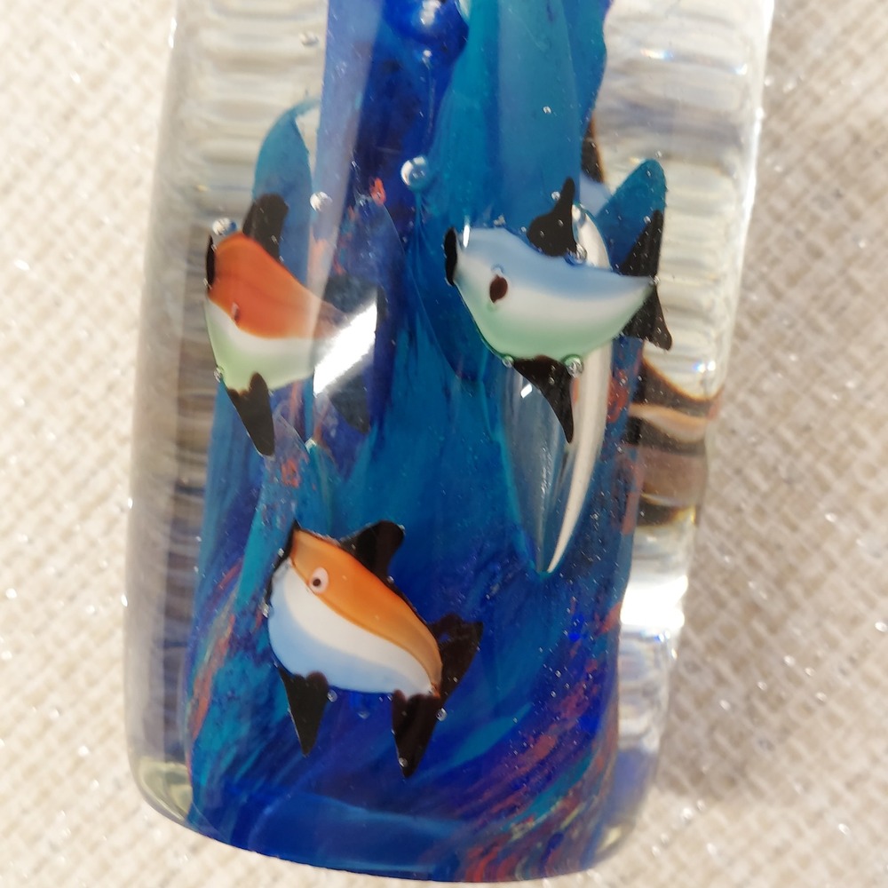 Art Glass Paperweight Tropical Fish Blue Coral Underwater Scene Cylinder 4.5" - Picture 8 of 12
